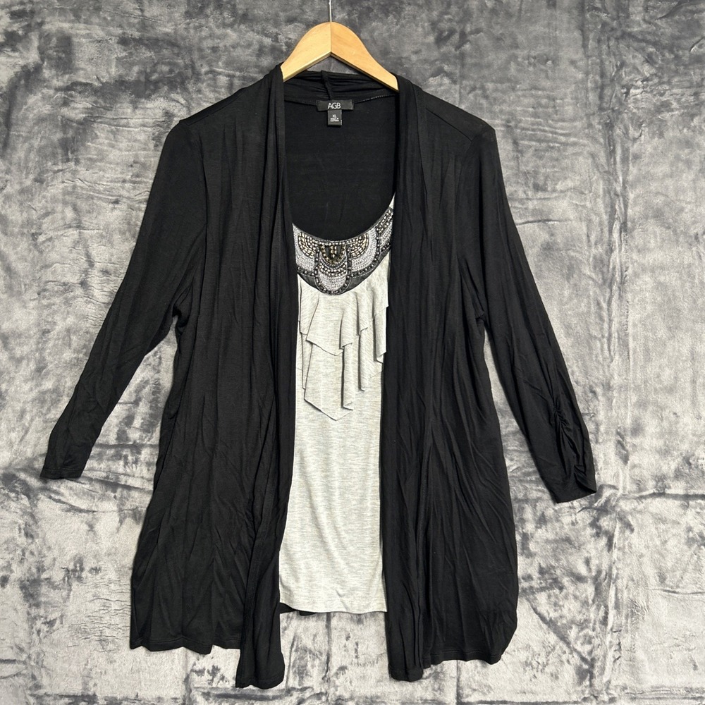 AGB ‎ Women's XL Layer Look Blouse 3/4 Sleeve Embellished Stretch